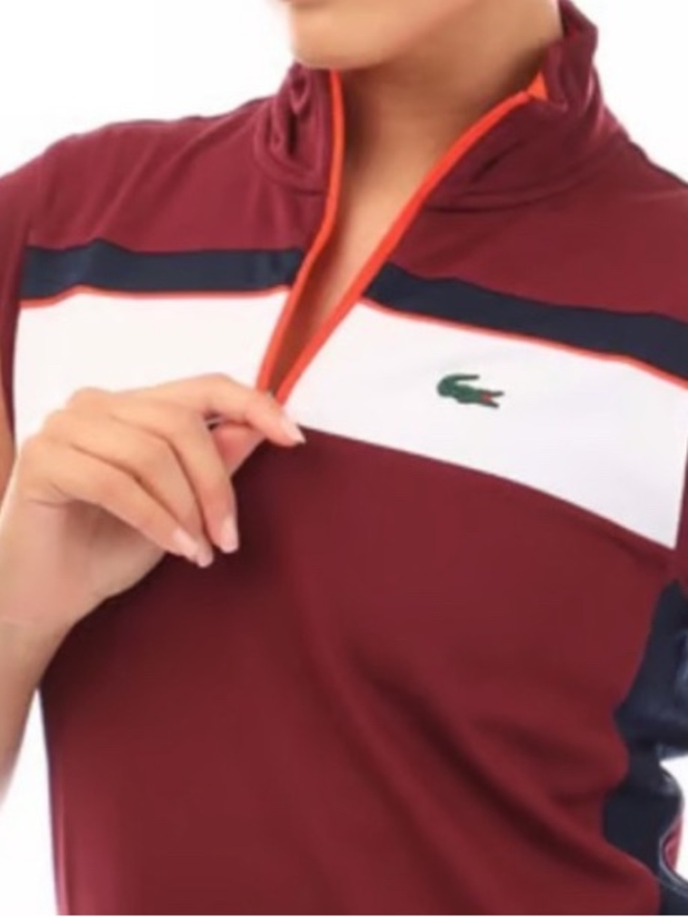Lacoste Women's Burgundy, White, and blue sleeveless polo